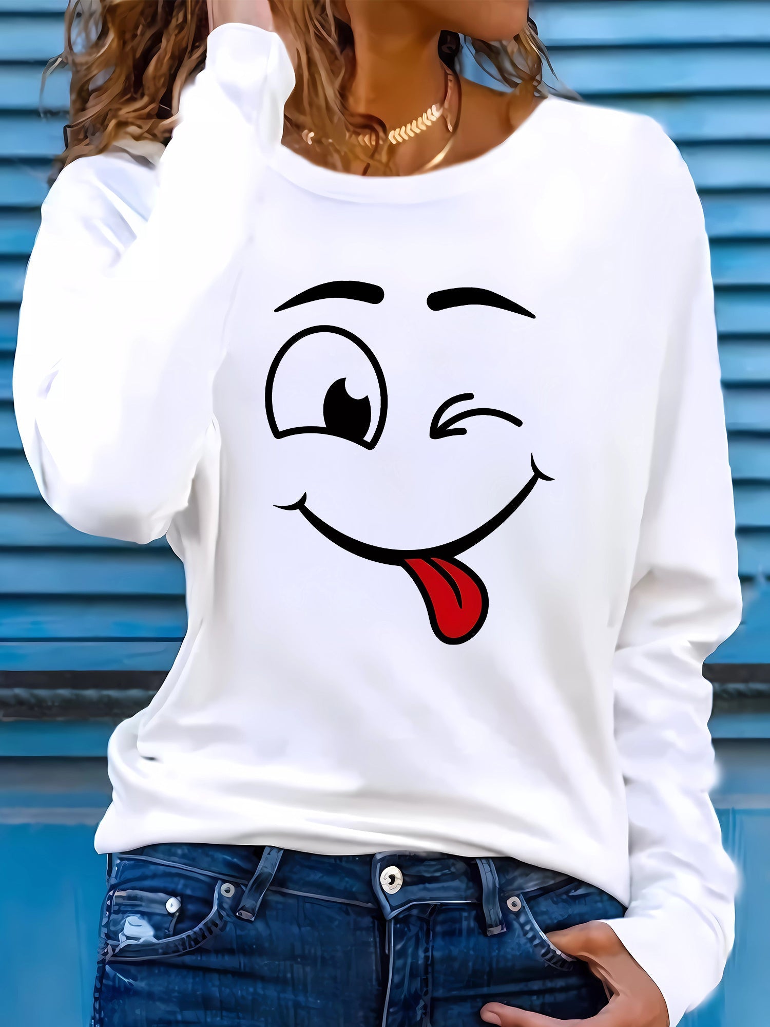 Maglietta casual da donna Valstrend con stampa di emoticon divertenti, maniche lunghe, comoda e perfetta per autunno e inverno