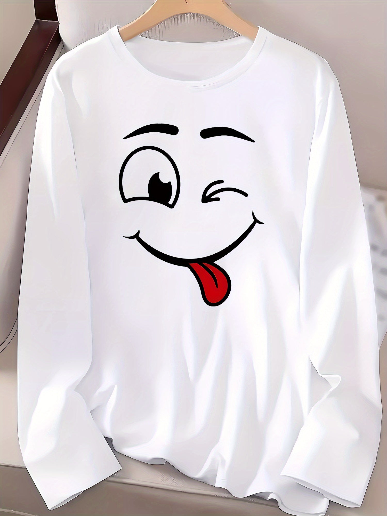 T-shirt donna Valstrend con stampa emoticon divertente, maniche lunghe, abbigliamento casual sportivo autunno e inverno.