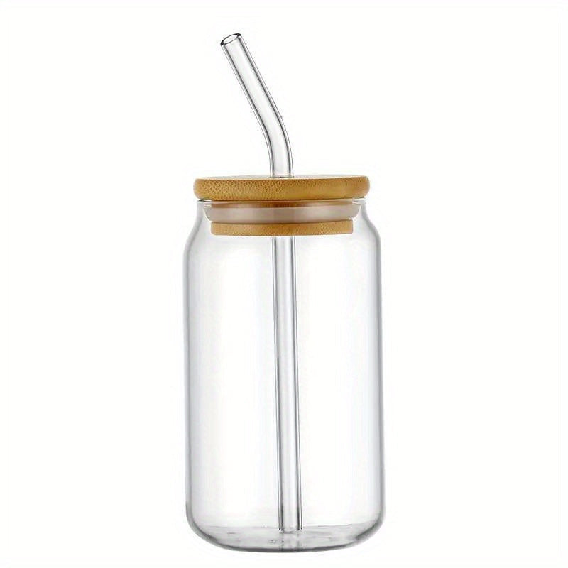 1pc EcoGlass Pitcher with Lid and Straw, Clear Glass Beverage Jar Set, Reusable Drinking Cup with Wooden Handle, No Pattern, BPA-Free, for Water, Juice, Iced Tea