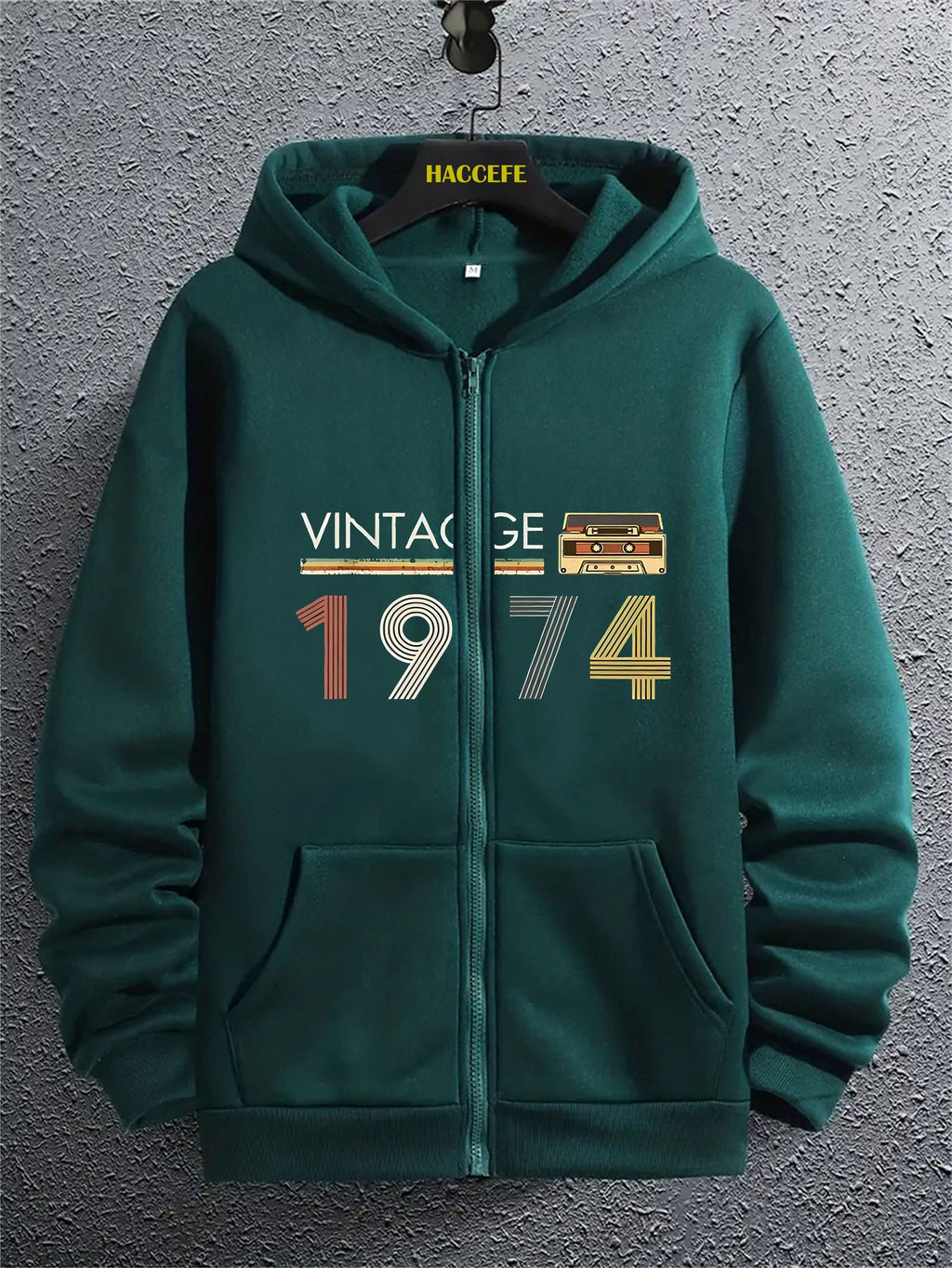 Felpa zip con cappuccio da uomo Valstrend con stampa radio retrò 1974, tasca kangaroo, manica lunga, ideale per autunno e inverno