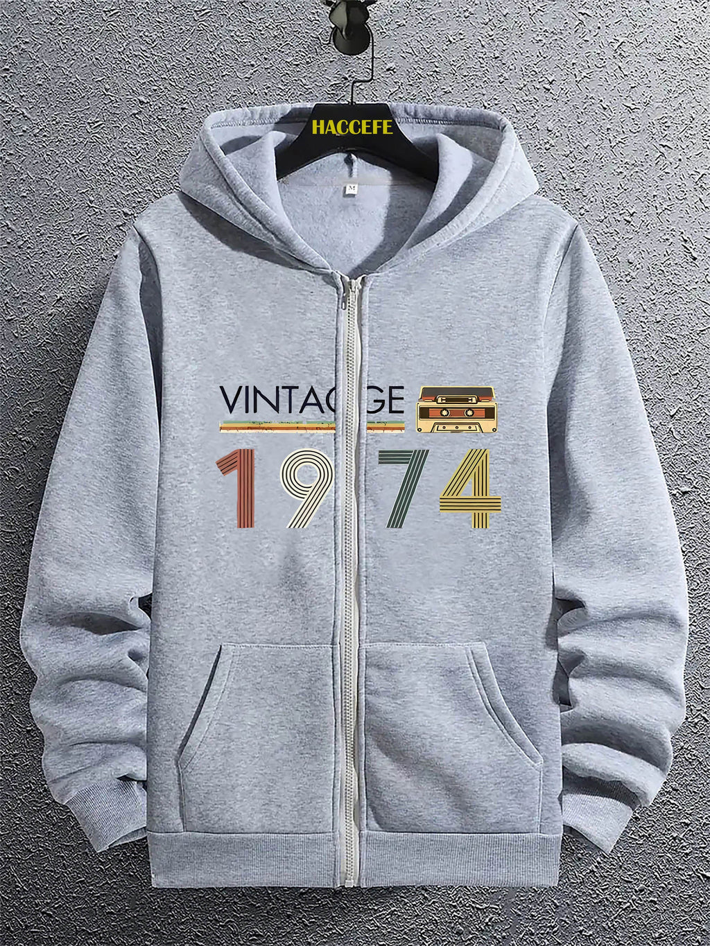 Felpa zip con grafica radio retrò da uomo Valstrend, maniche lunghe, tasca canguro, stile casual per autunno e inverno.