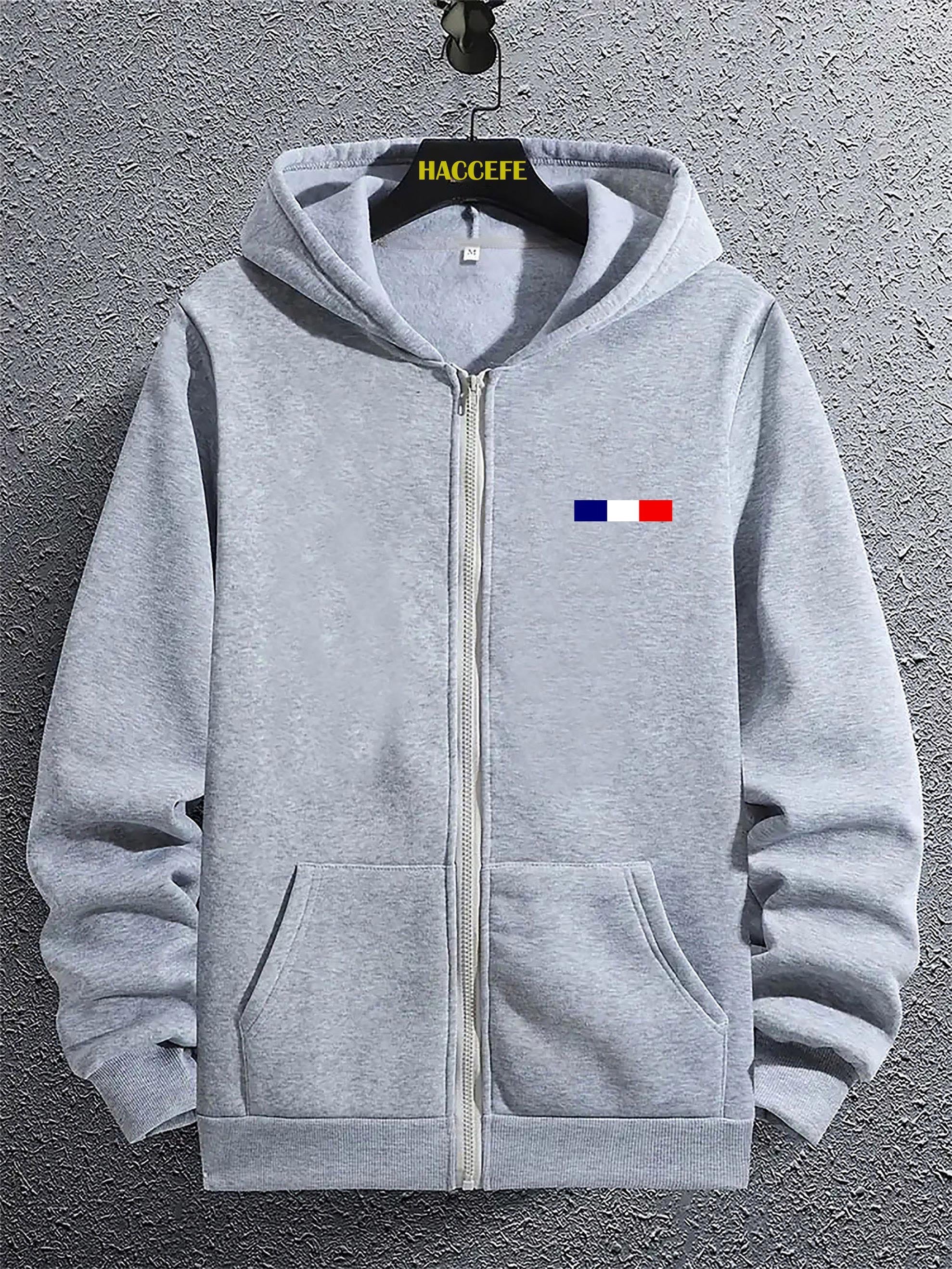 Felpa casual da uomo Valstrend con zip, cappuccio, tasca a marsupio, stampa bandiera, maniche lunghe e vestibilità ampia.