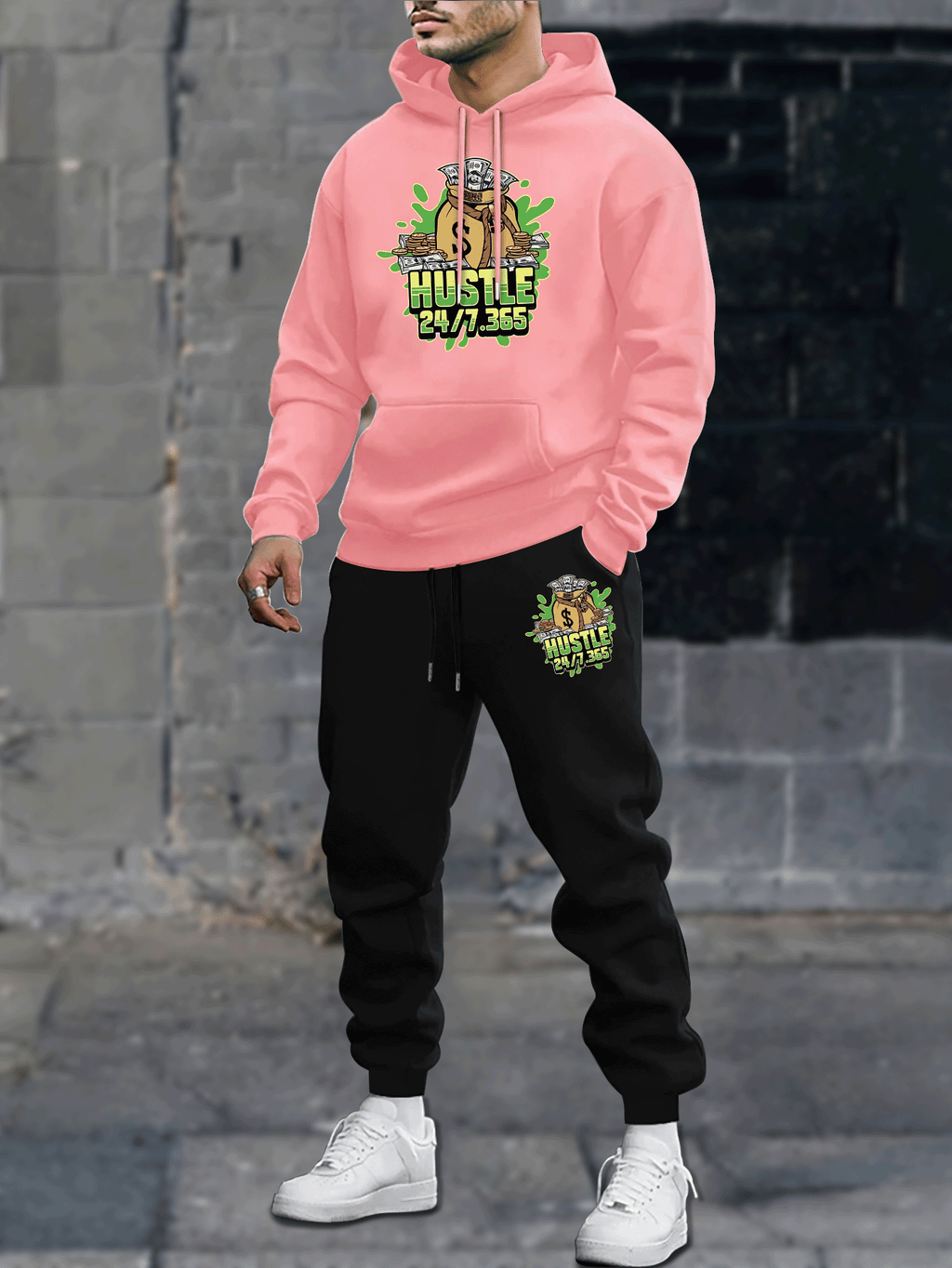 Set uomo felpa e jogger con stampa geometrica, interno felpato, jogger con tasche e cordoncino, adatto per autunno e inverno.