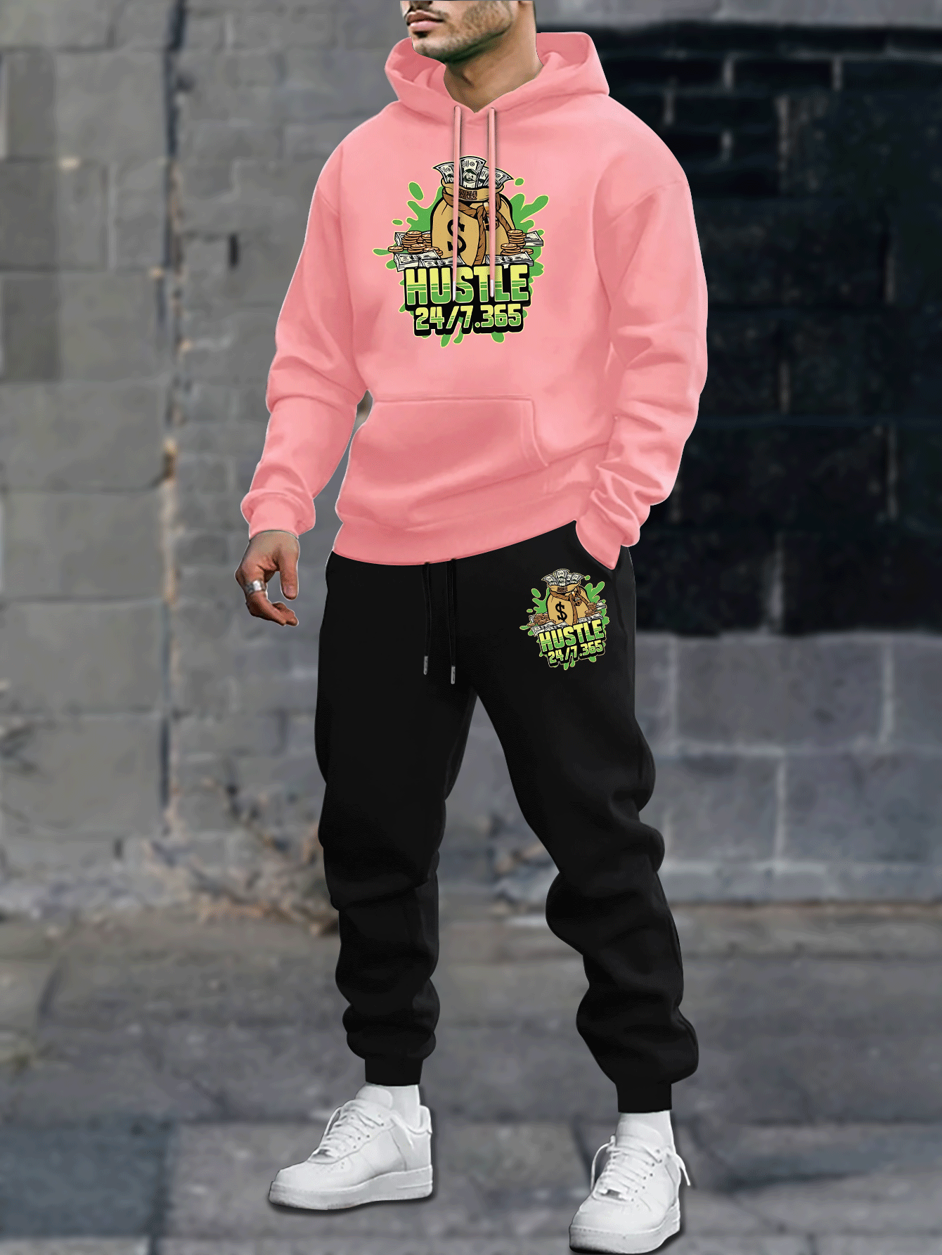 Set uomo felpa e jogger con stampa geometrica, interno felpato, jogger con tasche e cordoncino, adatto per autunno e inverno.
