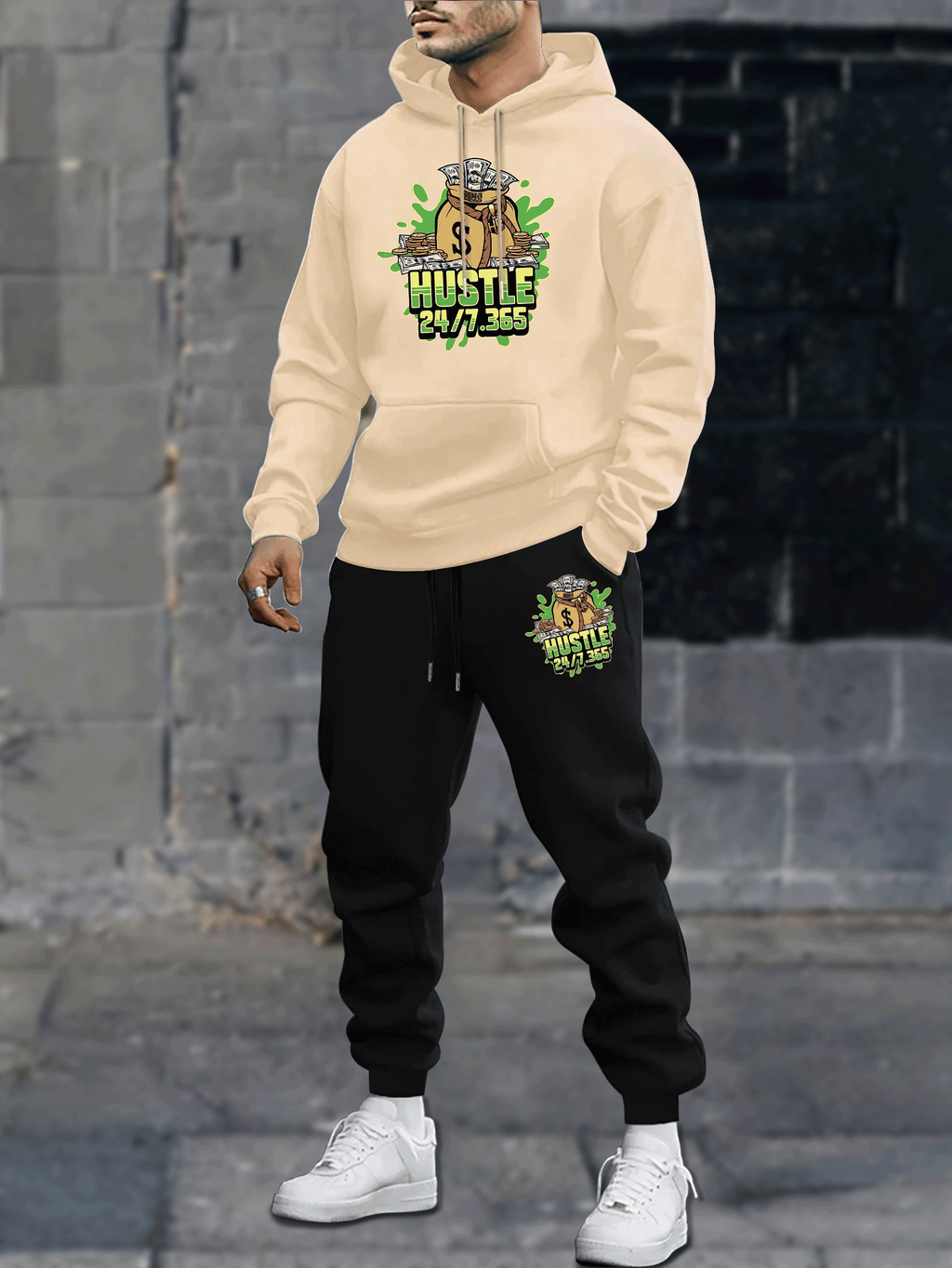 Set da uomo felpato con cappuccio e joggers con stampa geometrica, tasche e coulisse, ideale per autunno e inverno.