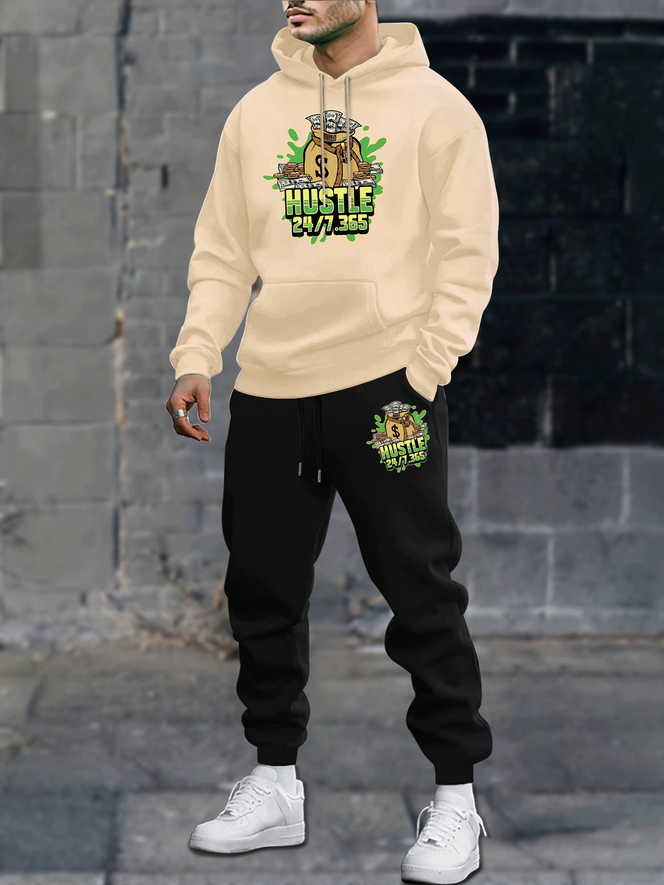 Set da uomo felpato con cappuccio e joggers con stampa geometrica, tasche e coulisse, ideale per autunno e inverno.