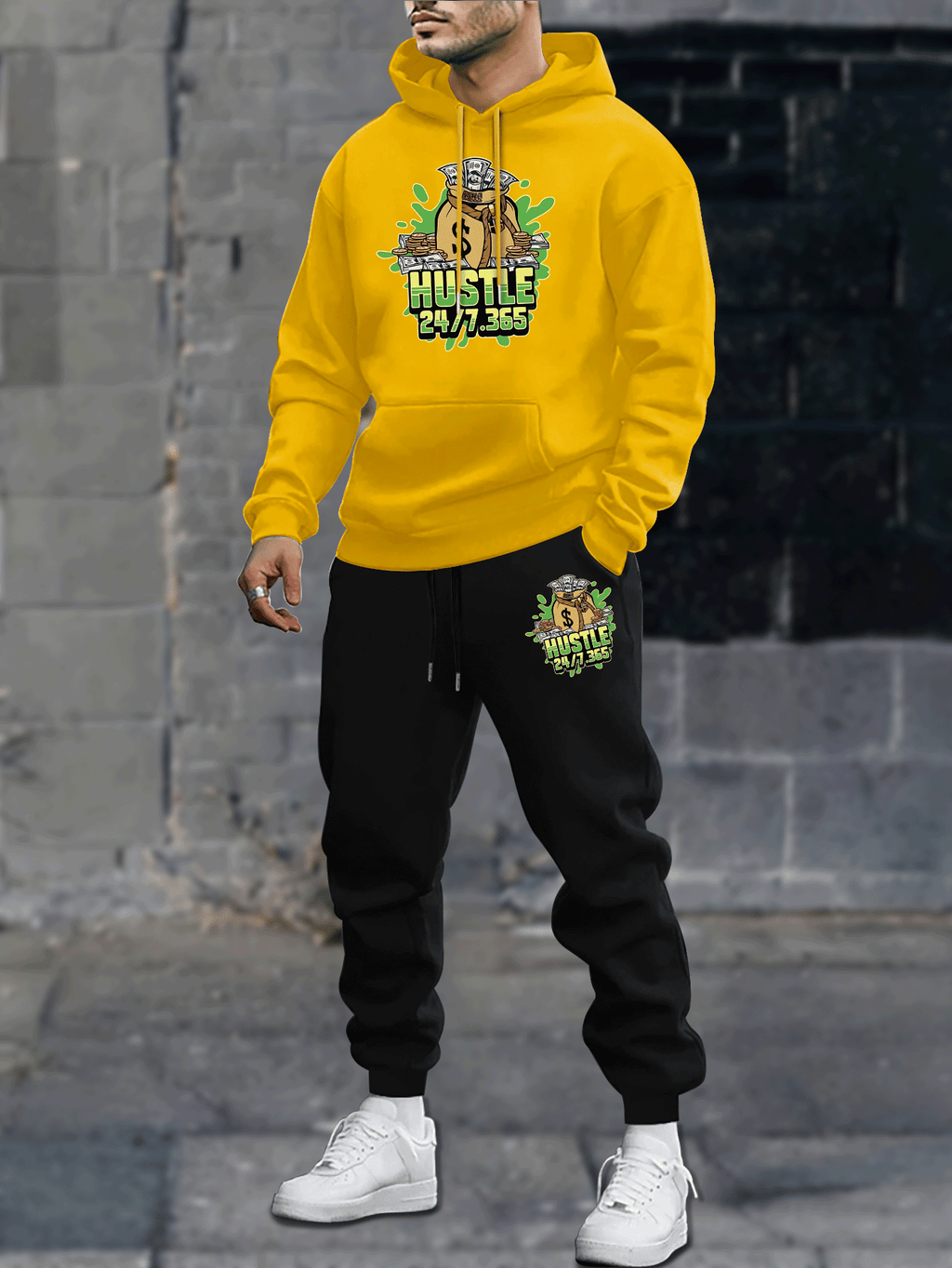 Completo da uomo Valstrend fleece, felpa con cappuccio e jogger con motivo geometrico, tasche e cintura con cordino, lavabile in lavatrice.