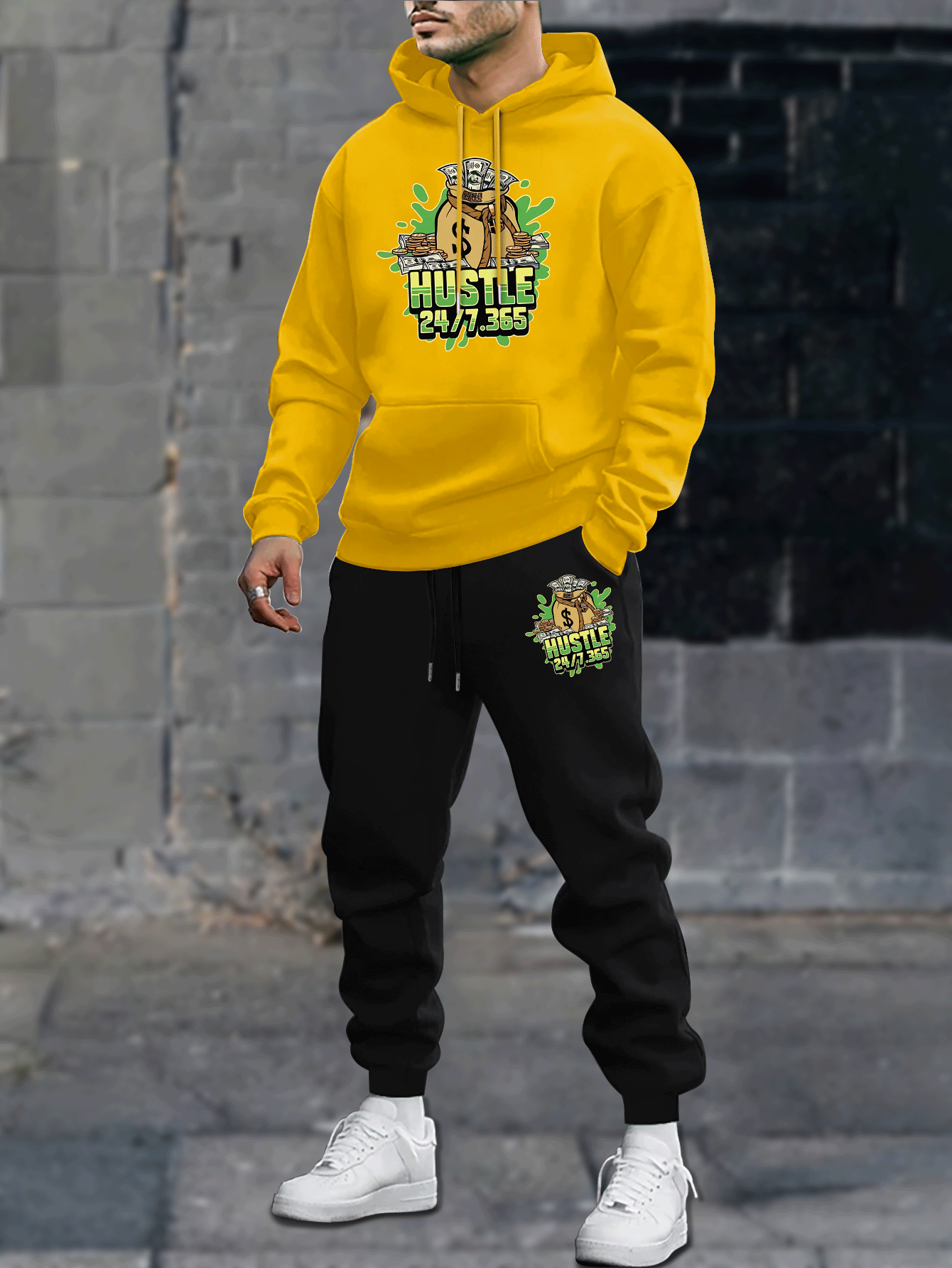 Completo da uomo Valstrend fleece, felpa con cappuccio e jogger con motivo geometrico, tasche e cintura con cordino, lavabile in lavatrice.