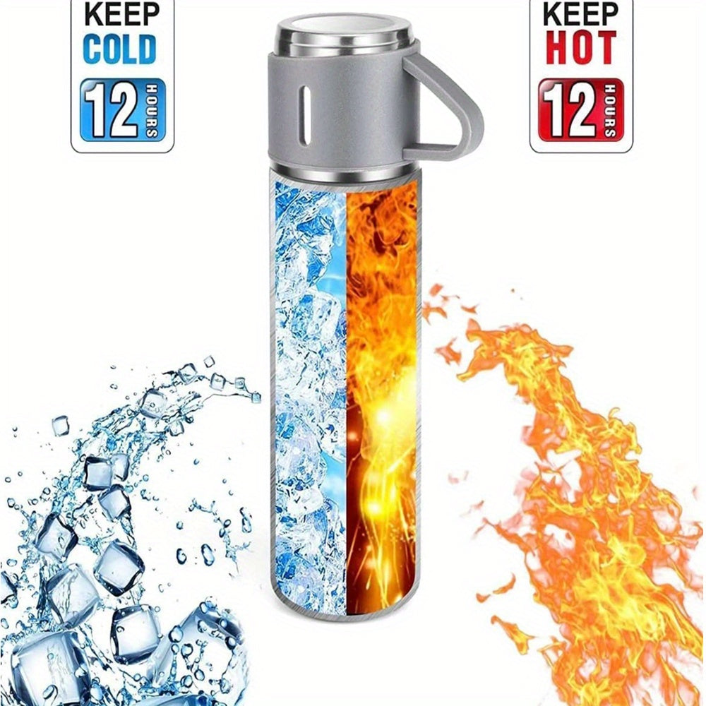 Set di borracce termiche in acciaio inossidabile Valstrend con 3 tazze ermetiche, ideale per bevande calde e fredde in viaggio.
