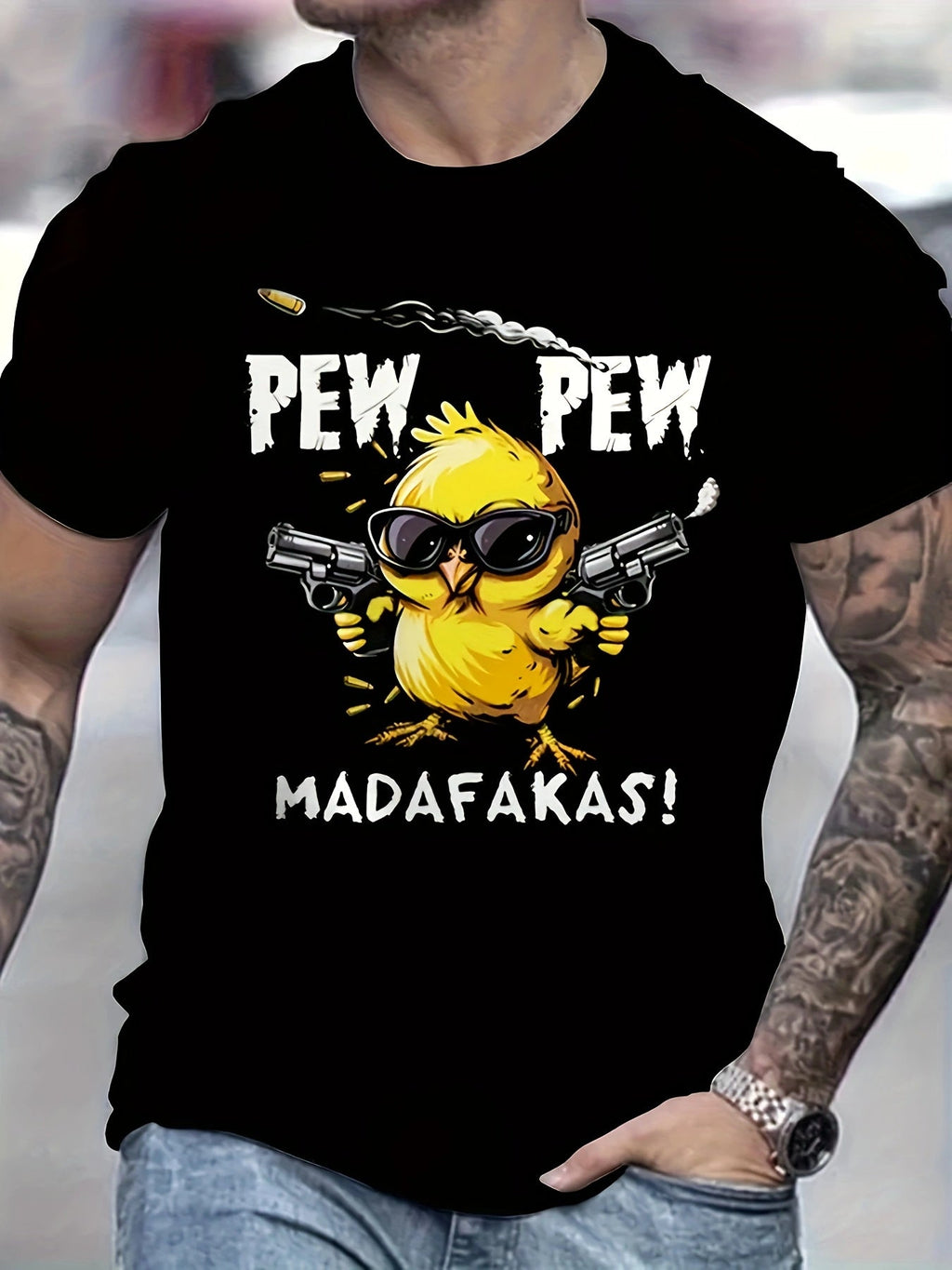 Maglietta uomo Valstrend con grafica vintage "Pew Pew Madafakas" pollo con pistole, manica corta, collo rotondo in tessuto poliestere