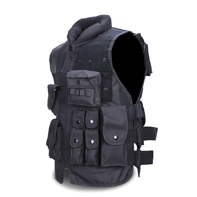 Giubbotto tattico nero da uomo, giacca militare da caccia Valstrend, con tasche e dettagli pratici, vista frontale.