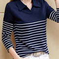 Maglietta polo a righe da donna Valstrend, casual, manica lunga, tessuto misto cotone, perfetta per primavera e autunno.