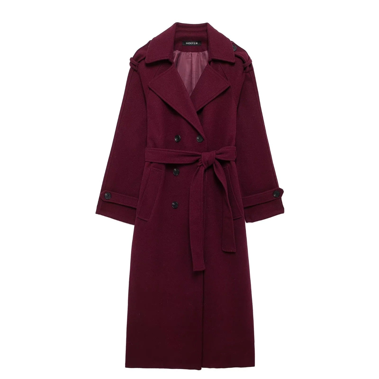 Cappotto trench casual retrò in doppio petto con cintura, stile loose, marchio Valstrend shop, in tessuto beige.