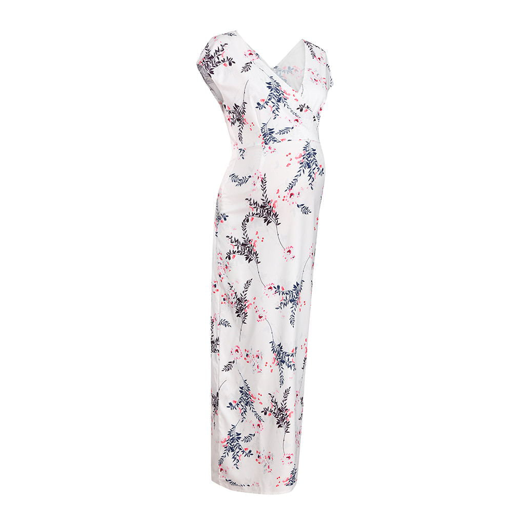 Vestito lungo slim fit con stampa floreale in chiffon leggero, marca Valstrend, elegante e femminile.
