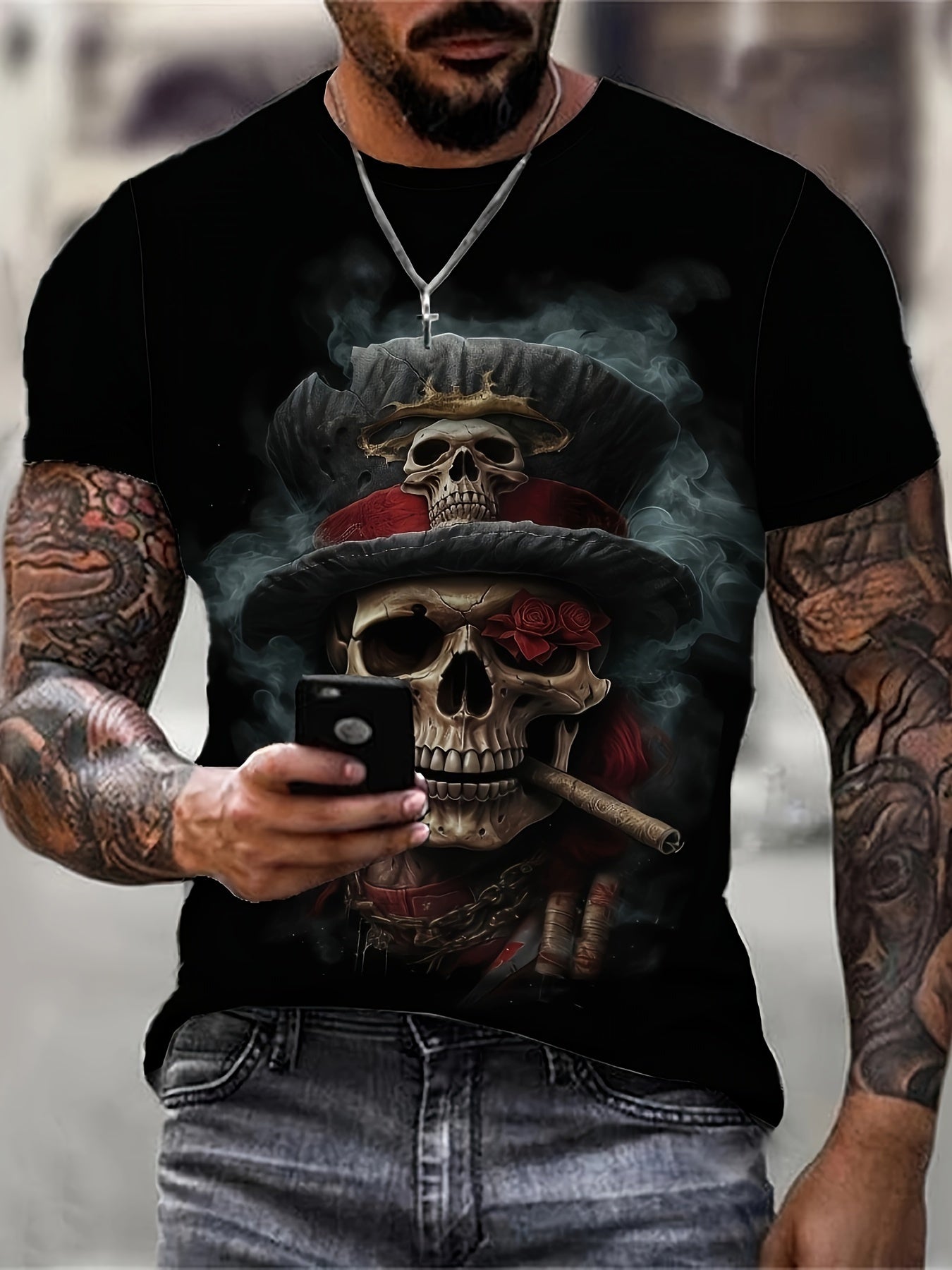 Maglietta uomo Valstrend con stampa teschio, maniche corte, collo rotondo, ideale per abbigliamento casual e outdoor