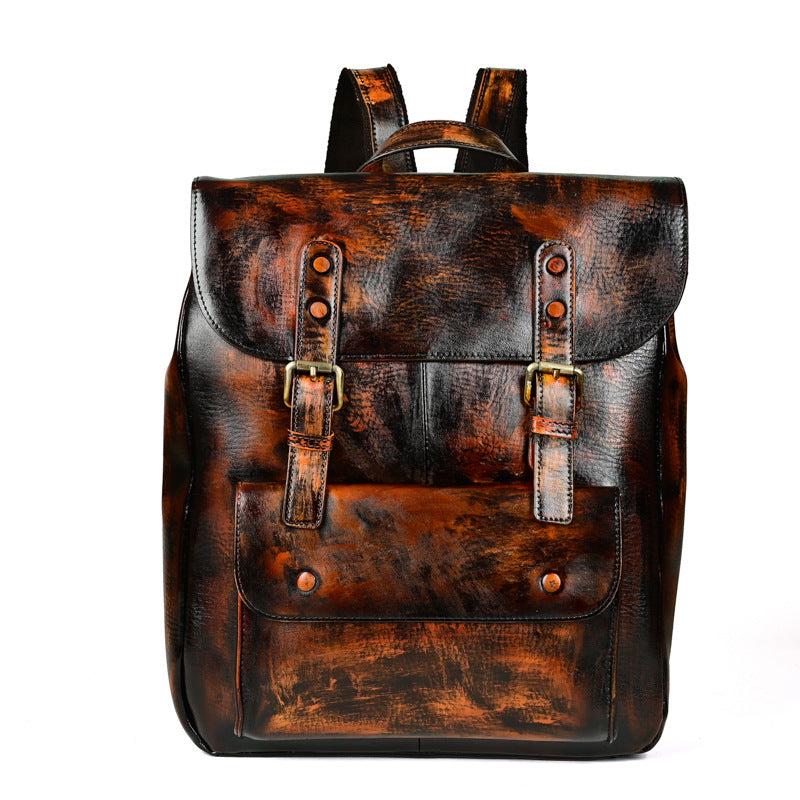 Zaino in pelle cowhide casual e rétro, neutro e versatile, con design semplice e pratico, ideale per un look informale e alla moda.