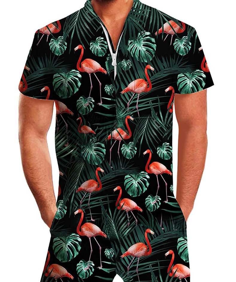 Combinazione estiva a maniche corte Valstrend con stampa flamingo nero su jumpsuit hawaiano, tessuto leggero e colore vivace
