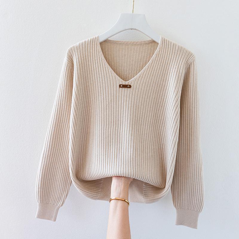 V-neck Jersey Women's Long Sleeve Loose Sweater