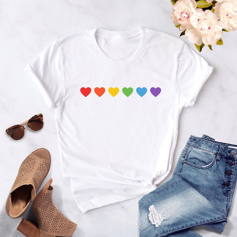 T-shirt casual da donna Valstrend con stampa a cuore colorato in stile europeo e americano, semplice e urbano.