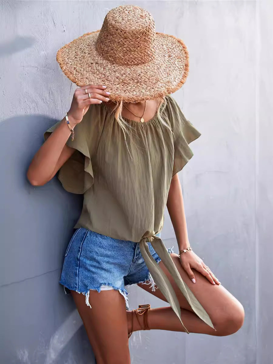 Ruffled Lace-up Round Neck Two-way Top