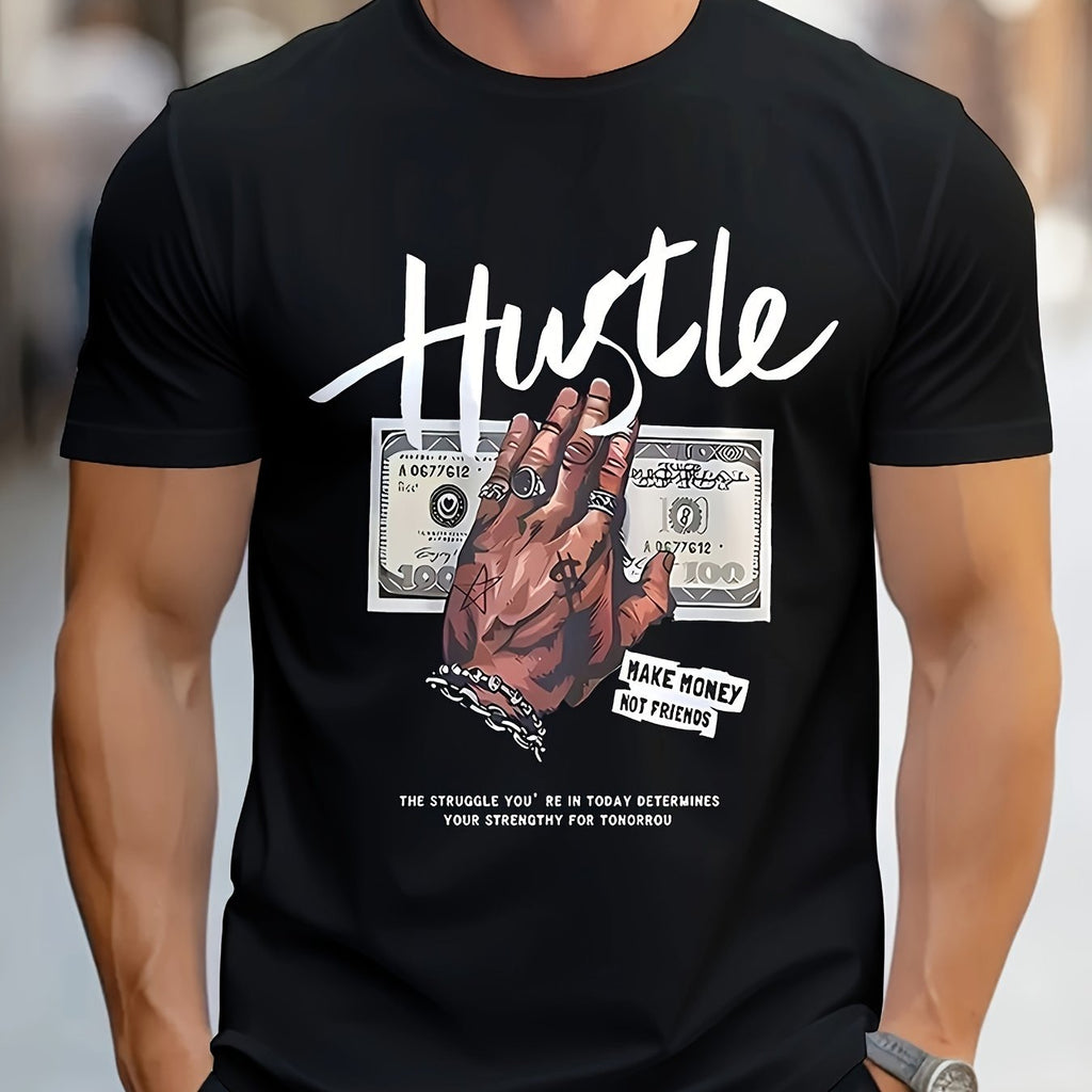Maglietta uomo Valstrend 'HUSTLE' con stampa di soldi, maniche corte e collo rotondo, stile casual e alla moda