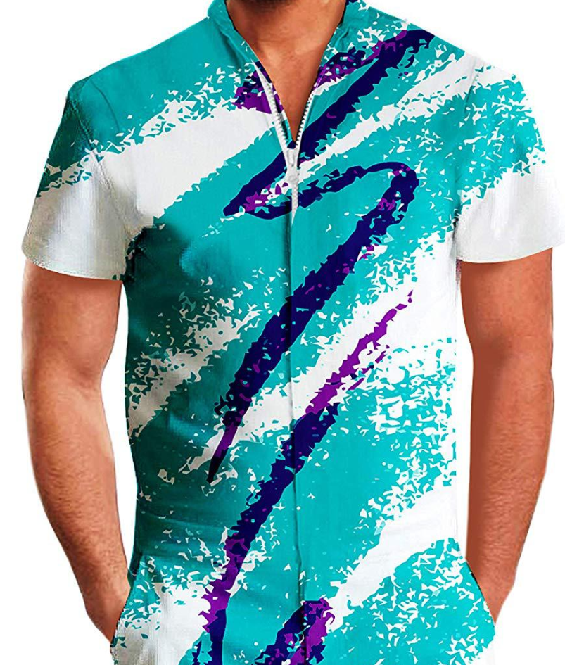 Tuta estiva a maniche corte Valstrend in stile hawaiano blu con linee, casual e elegante, perfetta per l'estate.