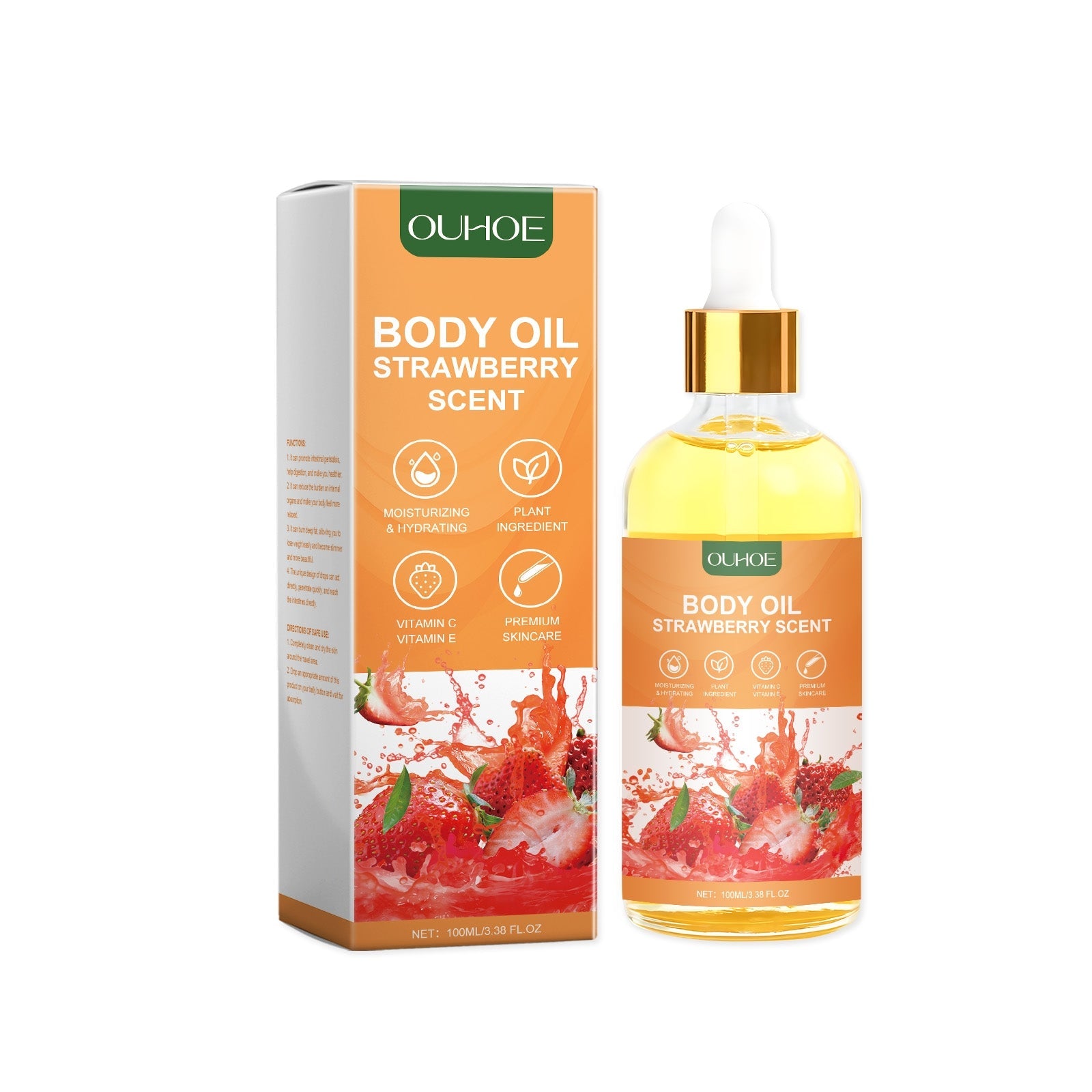 Olio idratante alla fragola Valstrend shop, bottiglia con etichetta e ciotola di fragole fresche, ideale per la cura della pelle.