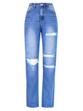 Jeans donna a vita alta dritti con strappi, marca Valstrend Shop, visibili dettagli di jeans eleganti e casual in denim.