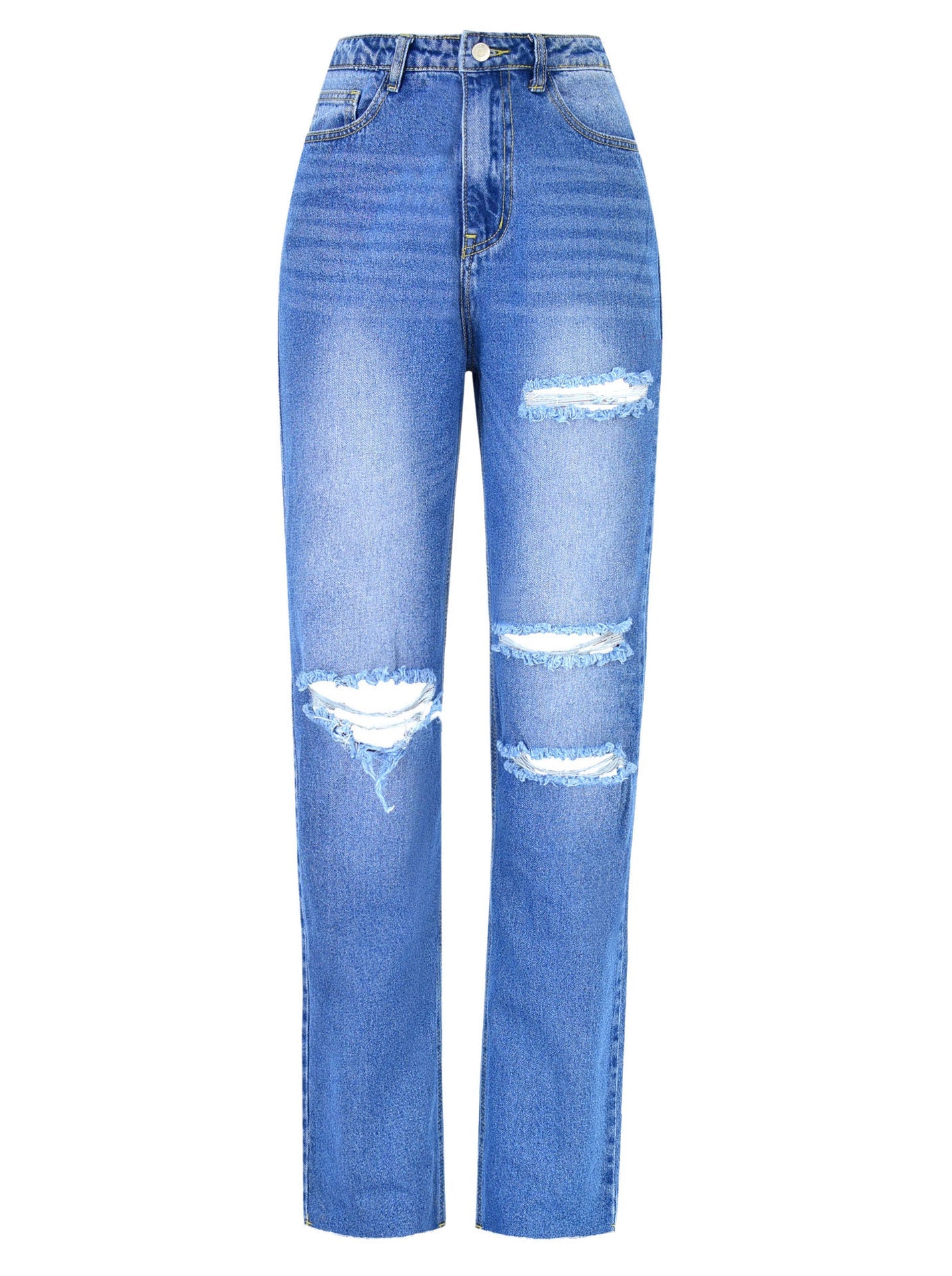 Jeans donna a vita alta dritti con strappi, marca Valstrend Shop, visibili dettagli di jeans eleganti e casual in denim.