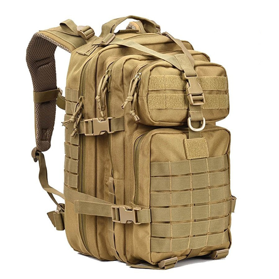 Zaino tattico militare multicolore Valstrend con ventola sportiva e tasche per escursionismo e outdoor, in camouflage resistente.