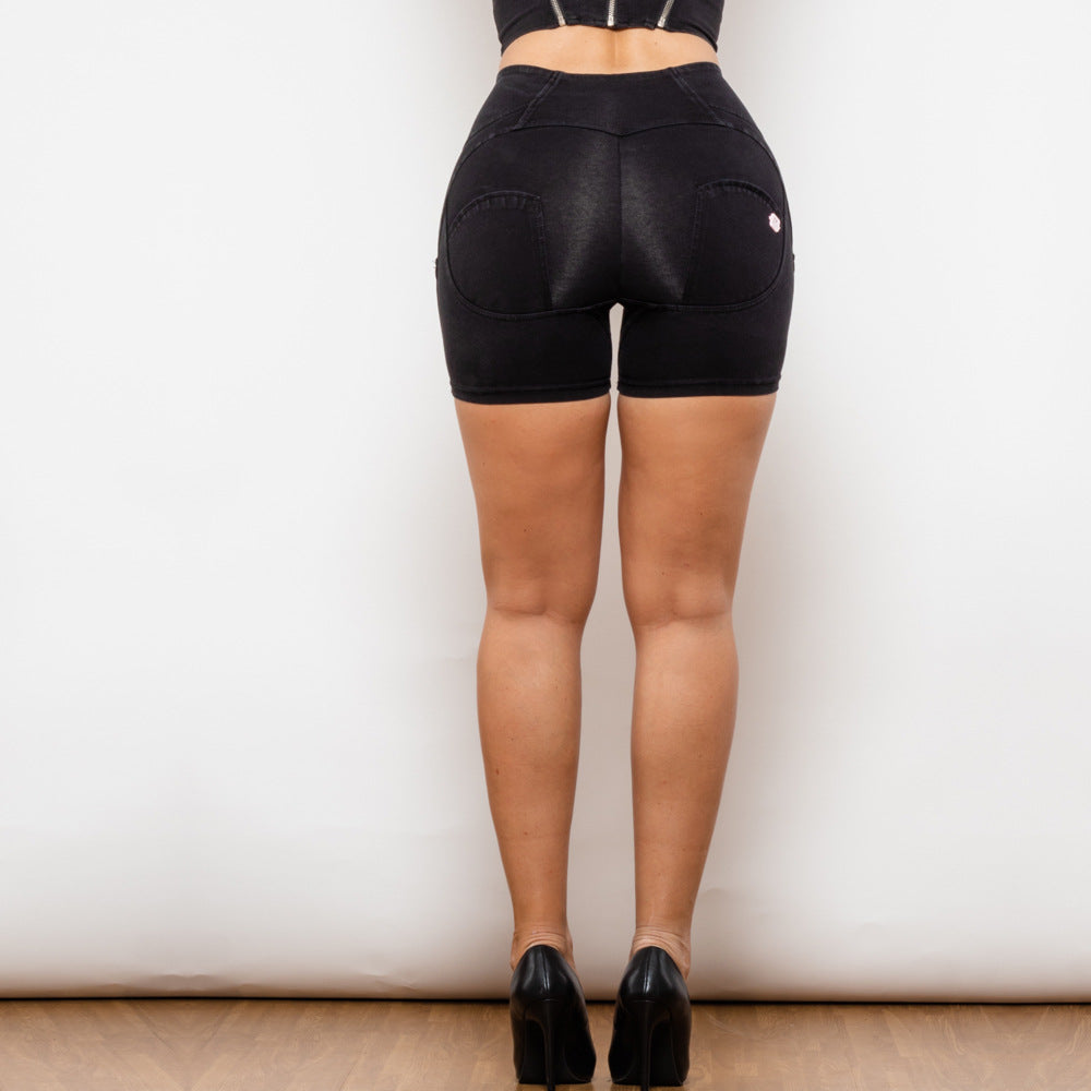 Shorts da yoga in denim elasticizzati a vita alta Valstrend, pantaloni dance femminili con dettaglio a forma di pesca