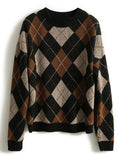 Maglia in lana a quadri con dettagli a contrasto colorato, stile plaid, marca Valstrend shop, vista frontale.
