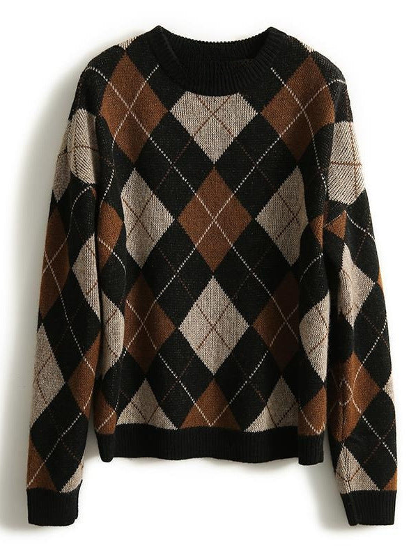 Maglia in lana a quadri con dettagli a contrasto colorato, stile plaid, marca Valstrend shop, vista frontale.