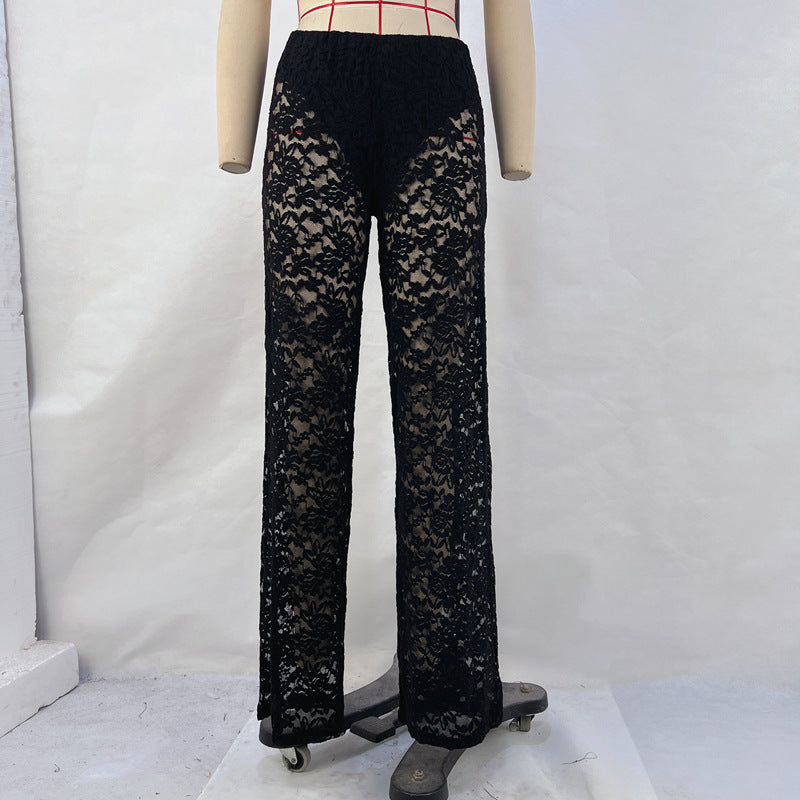 Pantaloni lunghi a sigaretta in pizzo trasparente con vita alta e cuciture, stile estivo, marca Valstrend.