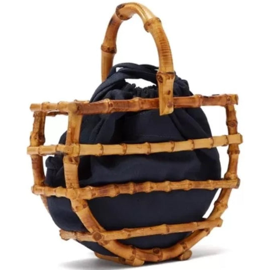 Borsa a secchiello da donna in bambù con nappine in stile antico, fatta a mano, forma semicircolare, artigianato Valstrend.
