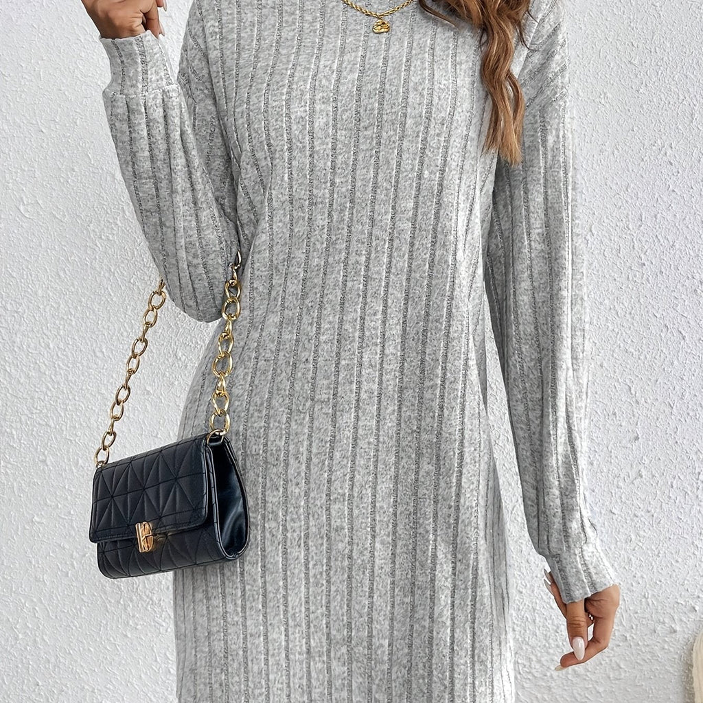 Ribbed Turtleneck Plain Color Dress, Elegant Long Sleeve Dress For Spring & Fall, Women's Clothing