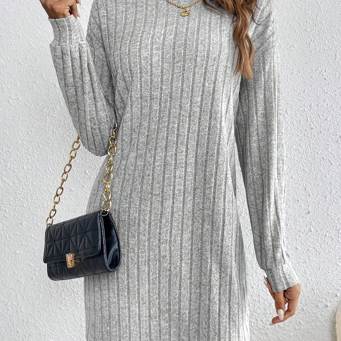 Ribbed Turtleneck Plain Color Dress, Elegant Long Sleeve Dress For Spring & Fall, Women's Clothing