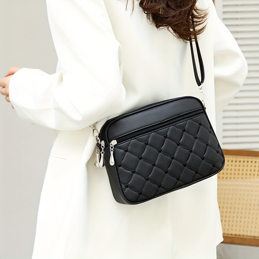 Minimalist Geometric Embroidered Heart Women's Crossbody Bag with Multi-Layer Zipper, Large Capacity, Detachable & Adjustable Shoulder Strap - Lightweight PU Black, Polyester Lined