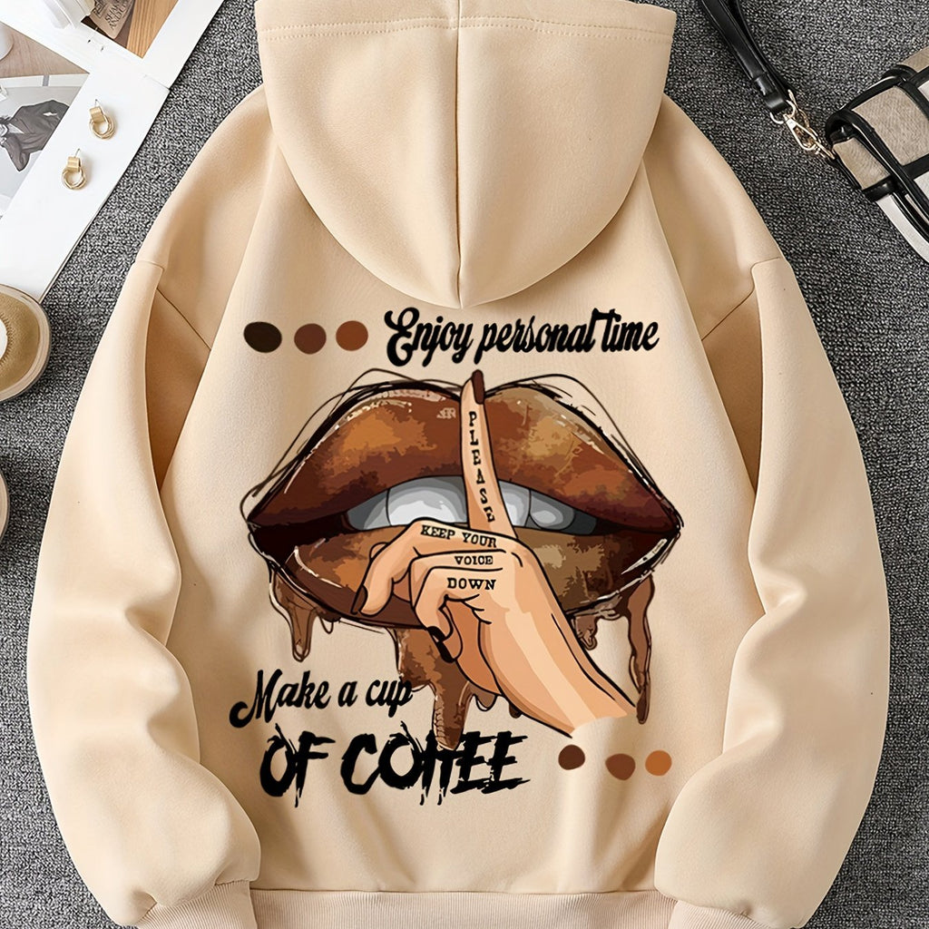 Lips & Letter Print Hoodie, Casual Kangaroo Pocket Long Sleeve Drawstring Hoodies Sweatshirt, Women's Clothing