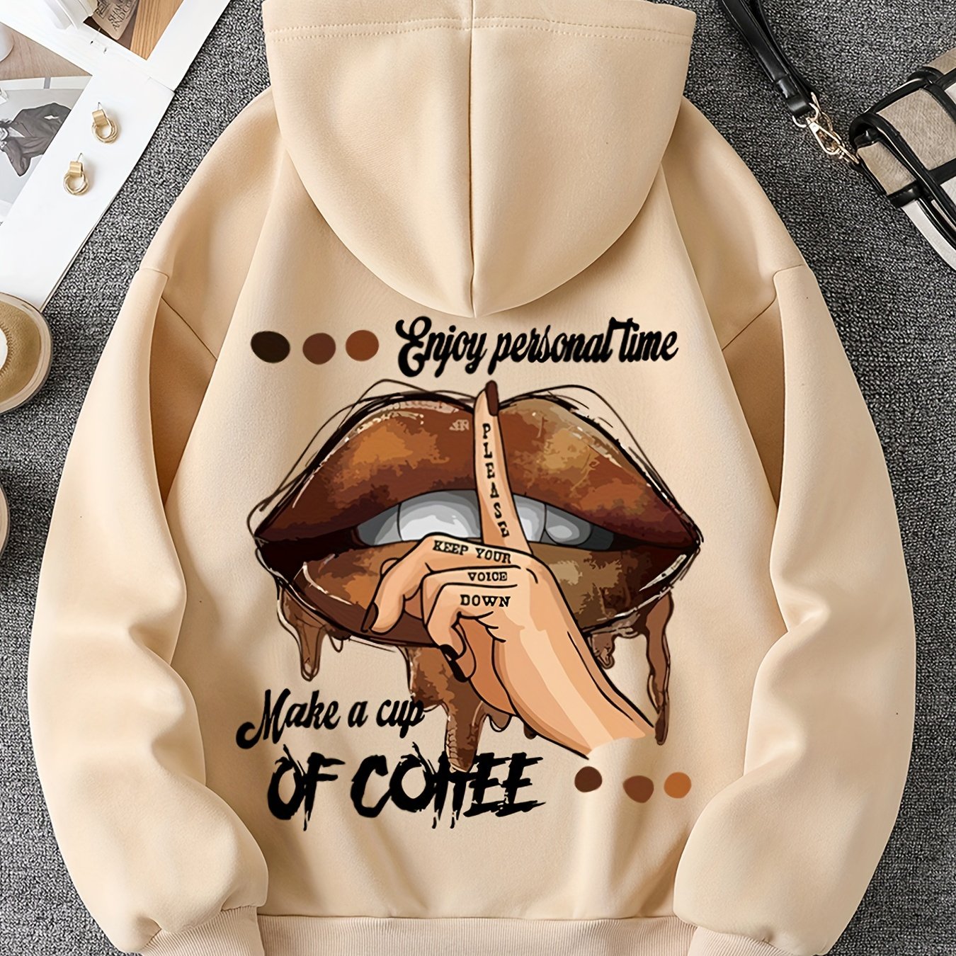 Lips & Letter Print Hoodie, Casual Kangaroo Pocket Long Sleeve Drawstring Hoodies Sweatshirt, Women's Clothing