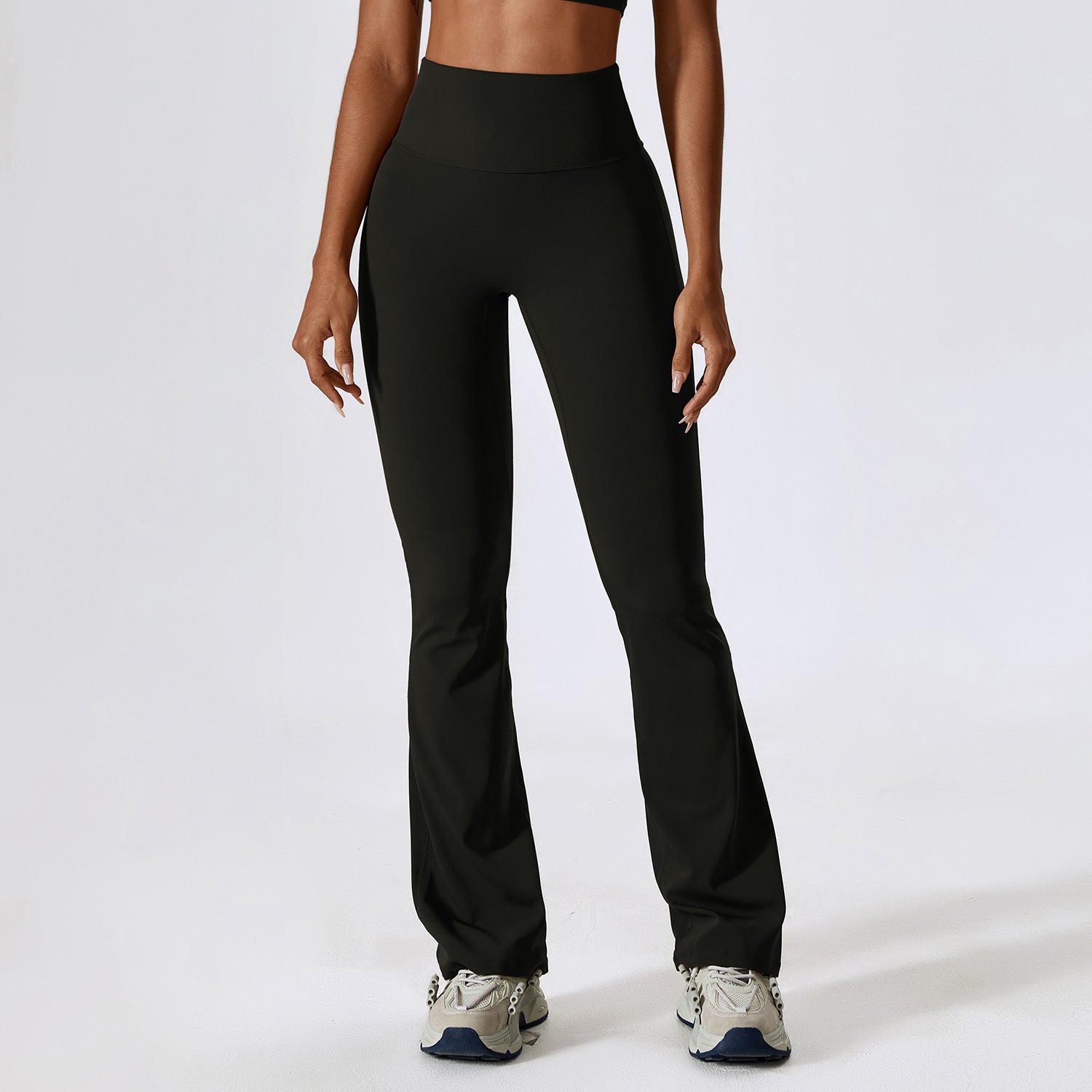 Pantaloni yoga a campana a gamba larga color nude con vita sollevata e effetto modellante, marca Valstrend shop.
