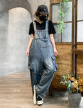 Retro Pocket Raw Edge Denim Suspender Pants For Women