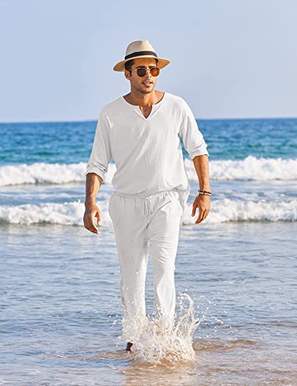 Completo da uomo casual in cotone e lino, giacca con tasche elastiche, colore solido, marca Valstrend.