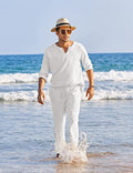 Completo da uomo casual in cotone e lino, giacca con tasche elastiche, colore solido, marca Valstrend.