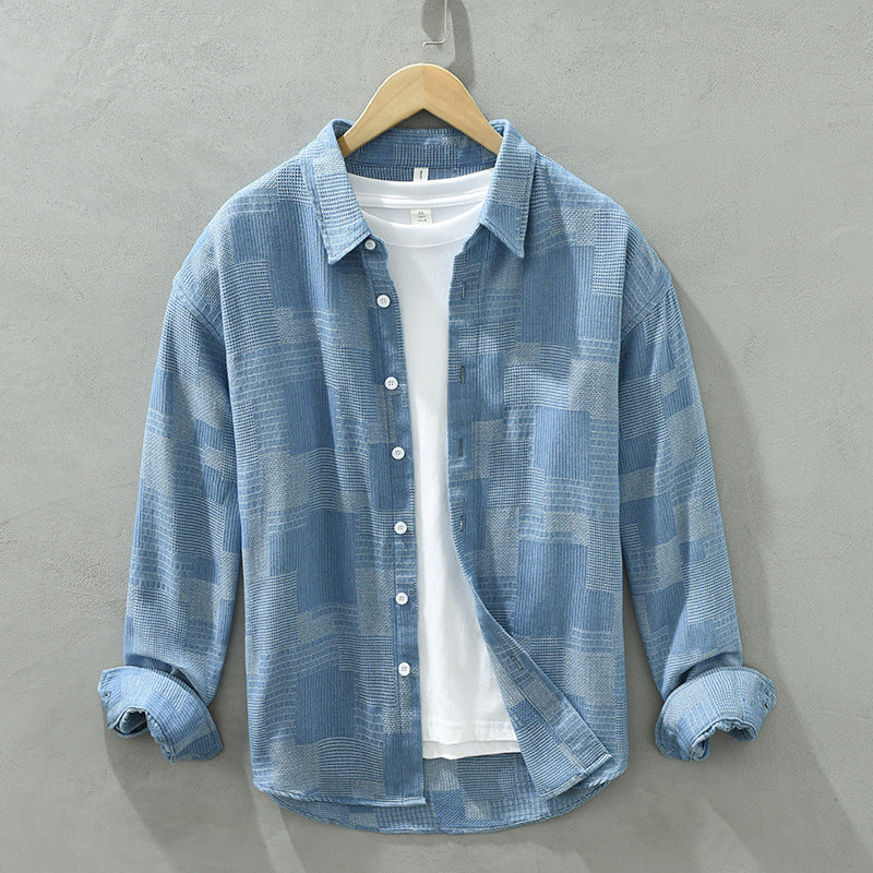 Camicia casual in denim jacquard a maniche lunghe Valstrend, vestibilità comoda e stile casual, tessuto colorato e resistente.
