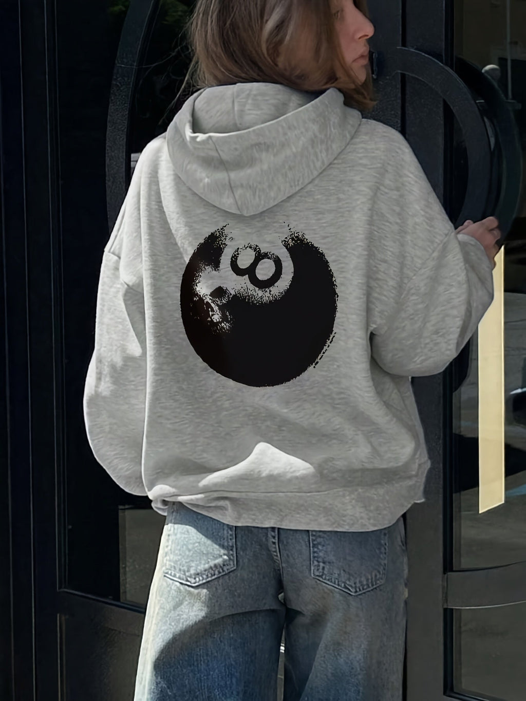 Women's Fashion Hoodie with Black Eight Graphic Print, Casual Polyester Knit Sweatshirt, Long Sleeve, Drawstring, All-Season, Geometric Pattern, Cozy Pullover