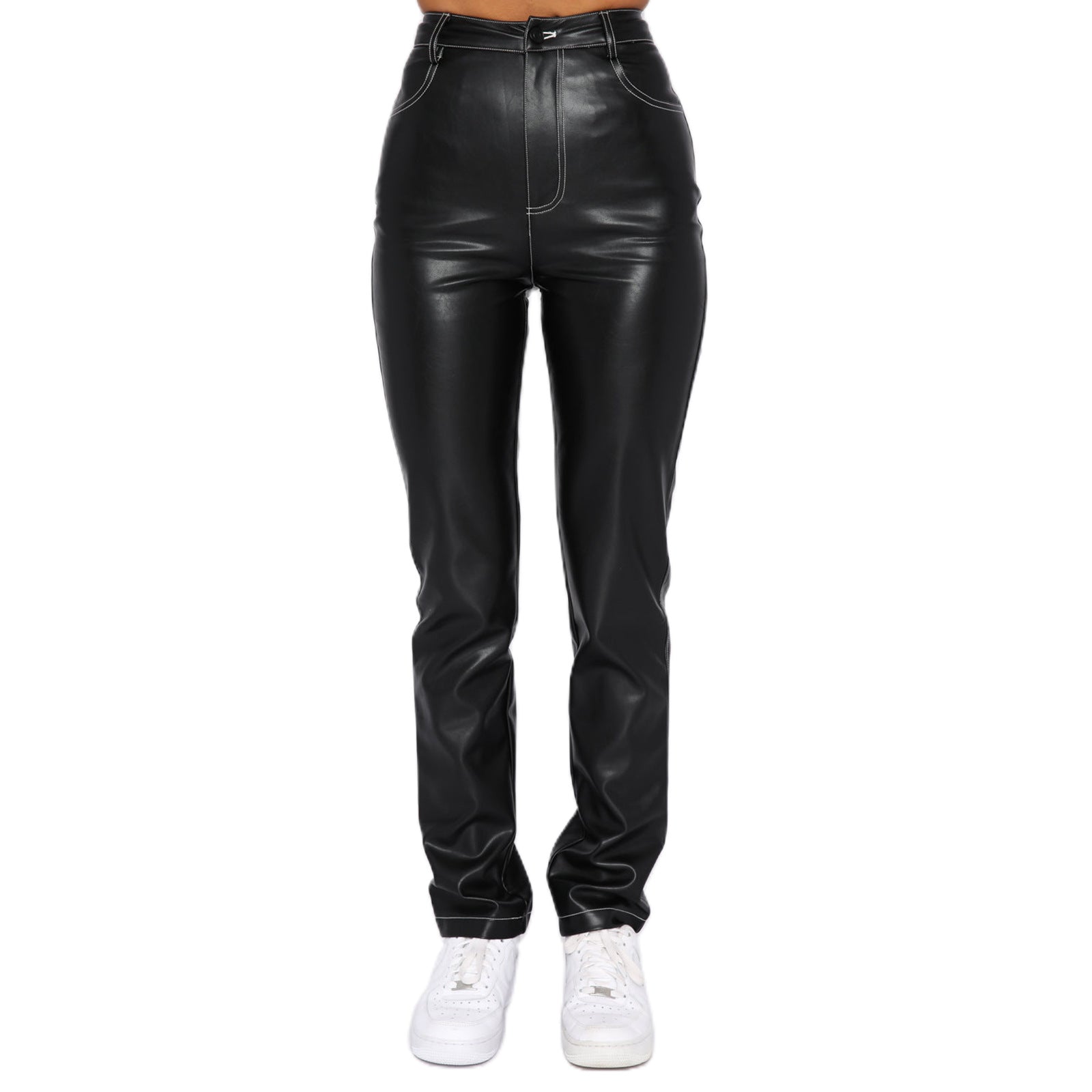 Pantaloni in pelle PU elasticizzata per donne, da base, nero, con vestibilità aderente e dettagli eleganti.