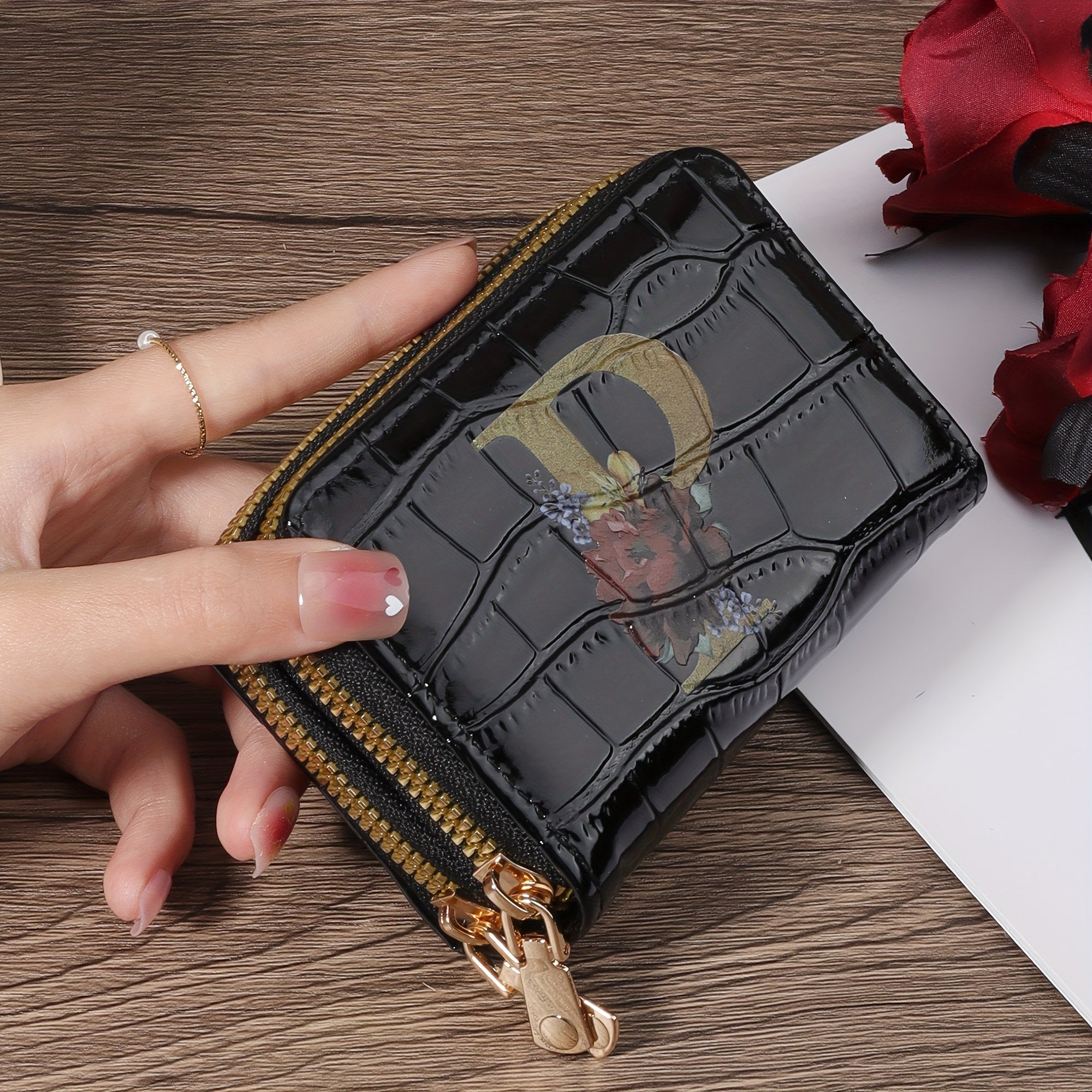 Portafoglio portacarte Valstrend con motivo floreale, compatto con zip, ideale per donne e uomini, design a fisarmonica.
