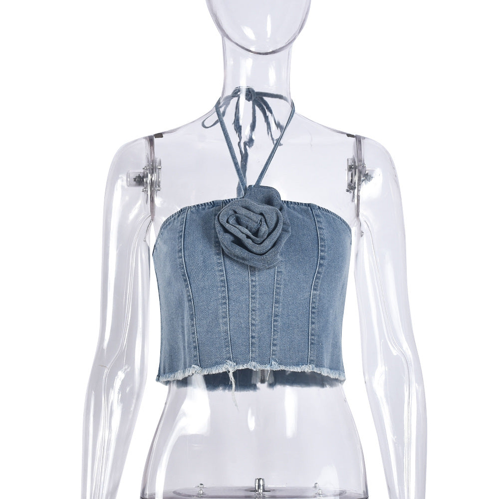 Top donna Valstrend, top a fascia con fiori tridimensionali in denim, stile tubino e design senza maniche.