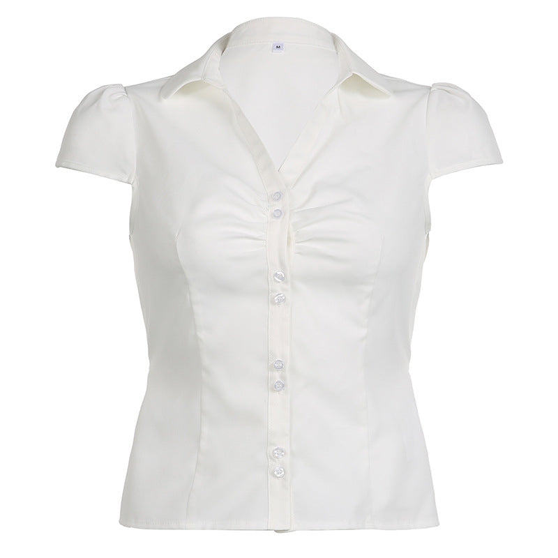 Camicia estiva donna Valstrend con bottoni, maniche corte, plissettata, tinta unita e dettaglio di lacci sul retro.